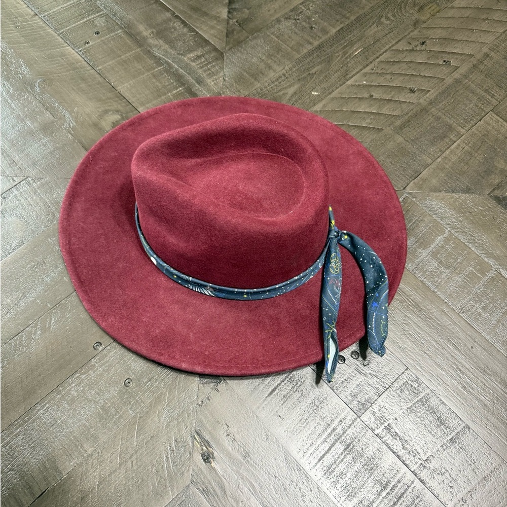 Johnny Was Maroon Wool Fedora with Navy Scarf Band